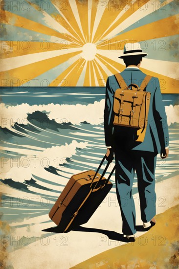 Vintage collage of a tourist with suitcase on a beach symbolizing vacation, AI generated