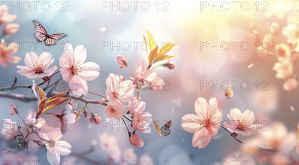 A blue and white background with pink flowers. Cherry blossom and Sakura concept, AI generated