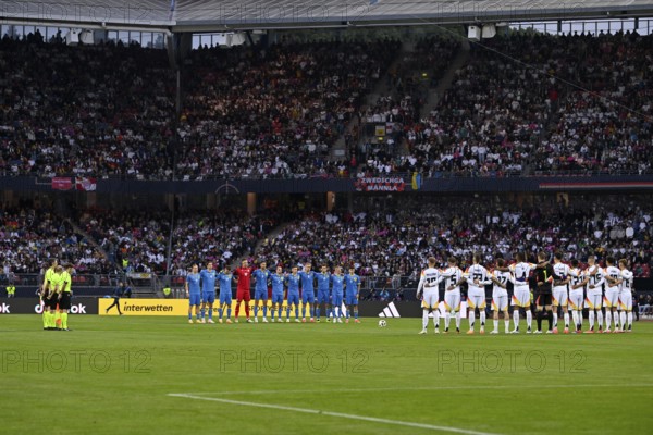 Mourning, remembrance, minute of silence, minute of silence for the deceased Bernd Hölzenbein, Team Germany and Ukraine, international match, Max-Morlock-Stadion, Nuremberg, Bavaria, Germany, Europe