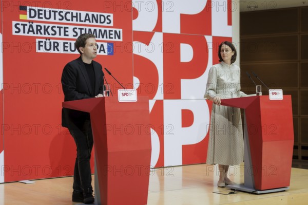 Kevin Kuehnert, SPD Secretary-General, and Katarina Barley, SPD lead candidate for the 2024 European elections, at a press conference following the SPD Presidium meeting after the European elections at the Willy Brandt House in Berlin, 10 June 2024