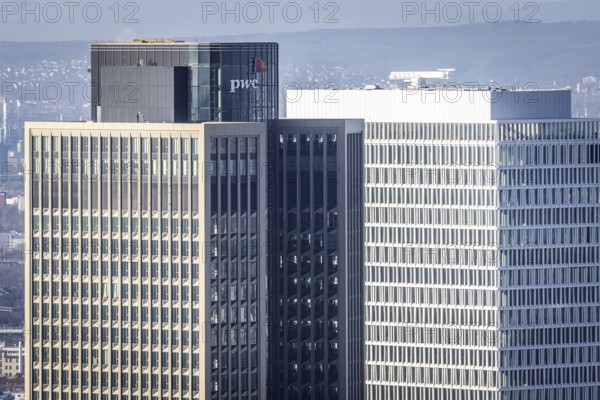 Zwoter 185, headquarters of PricewaterhouseCoopers GmbH Germany, logo of the auditing firm on the facade of a skyscraper in the banking district, Frankfurt am Main, Hesse, Germany, Europe