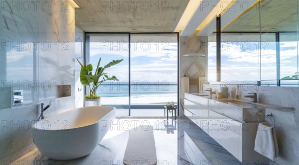 Luxury modern bathroom interior in ocean condo with expensive design and scenic view, AI generated