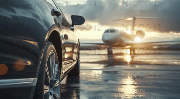 Successful businessman car in front of private airplane ready for luxury business corporate travel, AI generated