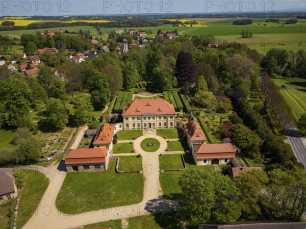 The baroque Königshain Castle is one of the two castles in the East Saxon municipality of Königshain in the district of Görlitz, which belongs to Upper Lusatia, alongside the Renaissance Königshain Castle. It was built between 1764 and 1766 and is part of the extensive estate of the former Königshain manor, which also includes the Renaissance castle and a large number of farm buildings., Königshain, Saxony, Germany, Europe