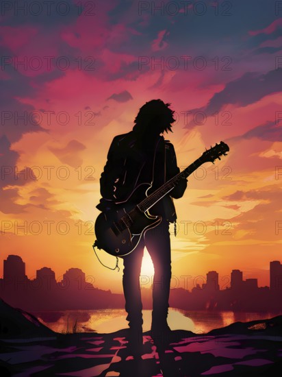 Illustration of a rock star silhouette clutching guitar against abstract urban skyline morphing into sunset, AI generated