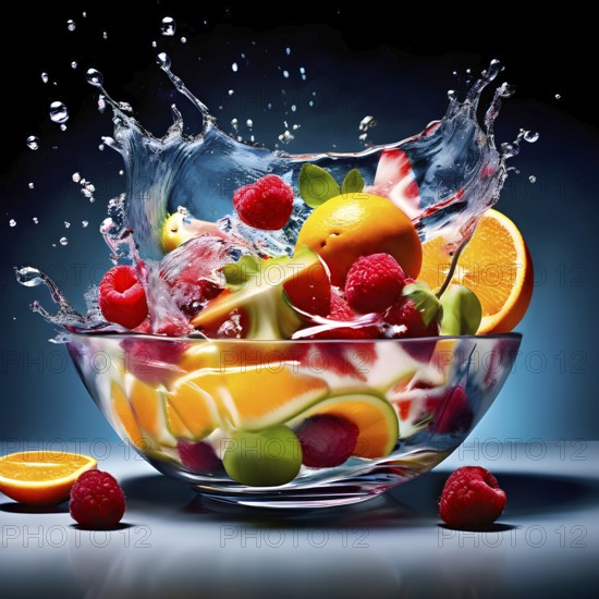 AI generated surreal food art blending a vibrant fruit bowl seamlessly integrating digital elements