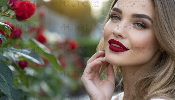 Smiling woman with red lipstick in front of red roses in the sunlight, AI generated, AI generated