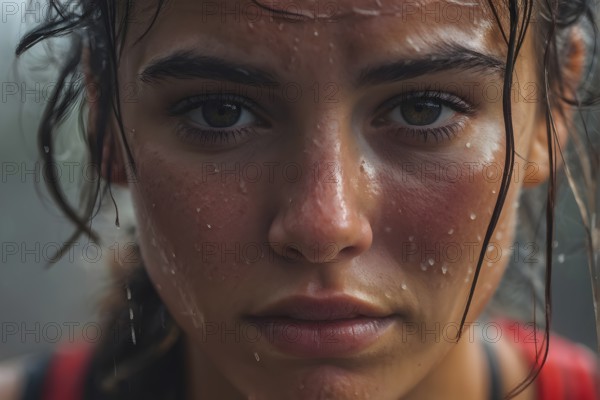 Portrait of sweating woman after workout, AI generated