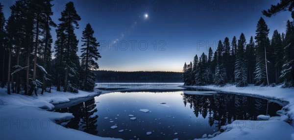 Tranquil winter night scene with a crescent moon and stars shining brightly over a frozen lake, with a line of snow-covered pine trees reflected in the lake, AI generated