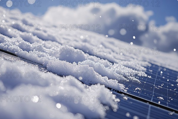 Close up of snow on photovoltaic solar cells on roof of house, Generative AI, AI generated