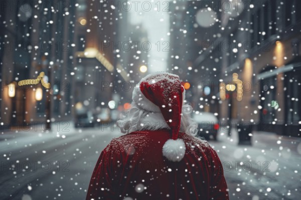 Back view of Santa Claus with red hat and cloak and snow in blurry city in background. Generative Ai, AI generated