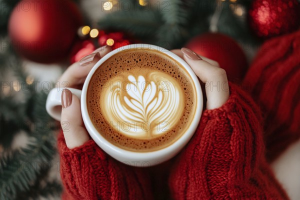 Woman hands in red sweater holding coffee with latte art with blurry seasonal chiristmas decoration in background. Generative AI, AI generated