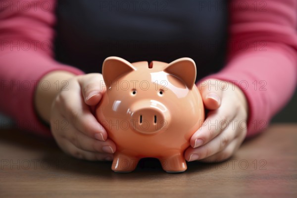 Child's hands holding piggy bank. KI generiert, generiert AI generated