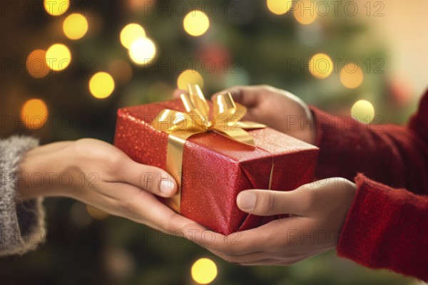 Gift giving concept. Hands holding Christmas present with blurry tree in background. KI generiert, generiert AI generated