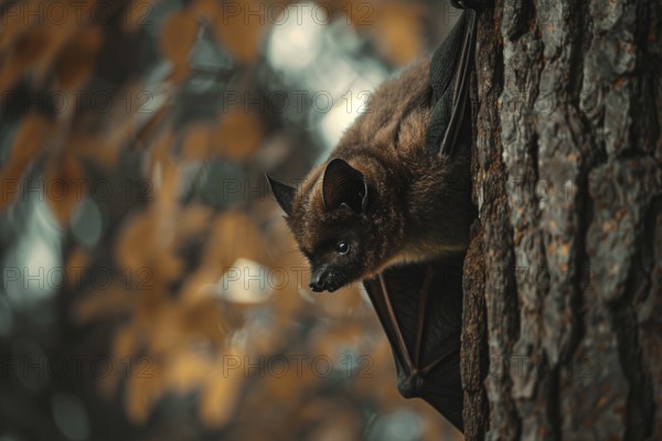 Cute small bat clinging to tree. KI generiert, generiert, AI generated