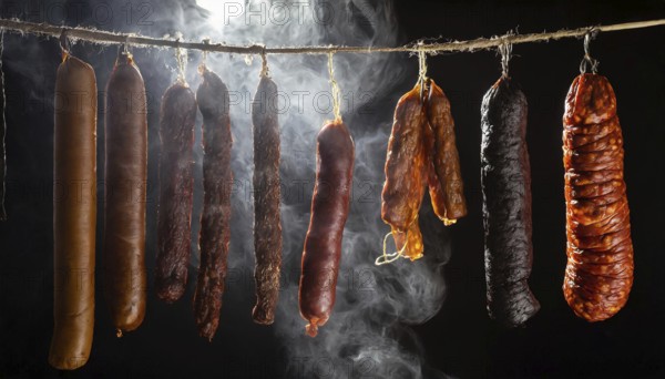 Food, various smoked sausages hanging on a string next to each other in the smoker, AI generated, AI generated