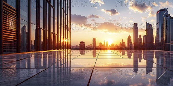 Marble ground with smooth reflective surface framing a view of a contemporary cityscape, AI generated