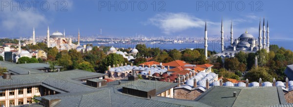 Panorama over Haghia Sophia and Sultan Ahmnet Mosque, Istanbul, Turkey, Asia