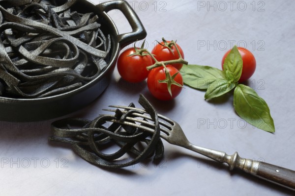 Black pasta coloured with squid ink in shell, Taglioni al Nero di Seppia, Italy, Europe