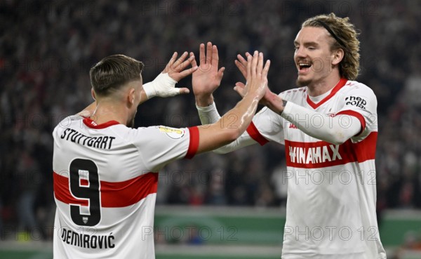 Goal celebration Nick Woltemade VfB Stuttgart (11) Ermedin Demirovic VfB Stuttgart (09) MHPArena, MHP Arena Stuttgart, Baden-Württemberg, Germany, Europe