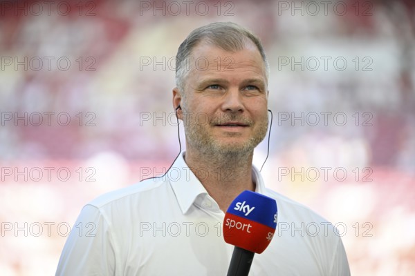 Interview with Chief Sports Officer Fabian Wohlgemuth VfB Stuttgart, Microphone, Micro, Logo, SKY, MHPArena, MHP Arena Stuttgart, Baden-Württemberg, Germany, Europe