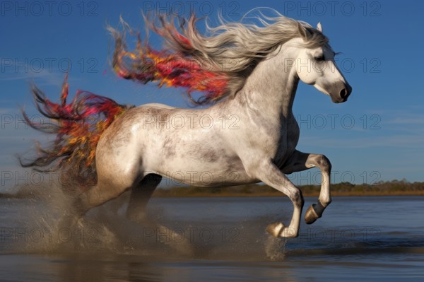 White horse with a flamboyant mane galloping in the water, AI generated