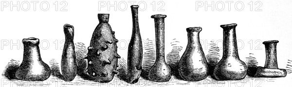 Unguentarium, balsamarium, lacrimarium or tear jars, small glass vessels for ointments, medicine or similar substances, archaeological finds from Tbilisi, use since antiquity, narrow bottle neck, archaeological finds, history of mankind, Georgia, historical illustration 1880, Asia