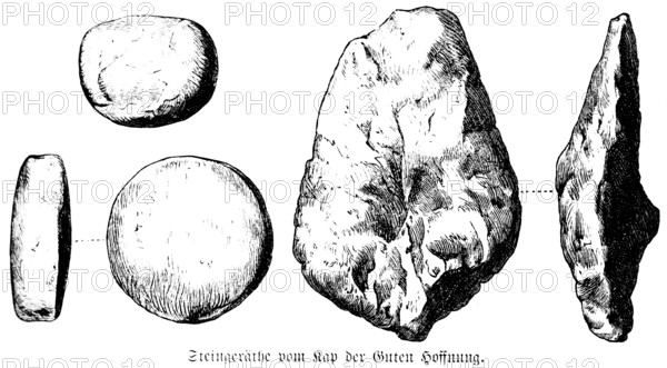 Unpolished stone tools from the Cape of Good Hope, so-called thunderbolts, used as hammers, chisels and leaf-shaped arrowheads, archaeological finds, history of mankind, South Africa, historical illustration 1880, Africa