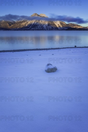 Morning light, sunrise, mountain lake, mountain landscape, reflection, winter, snow, long exposure, Walchensee, Herzogstand, Heimgarten, Bavaria, Germany, Europe