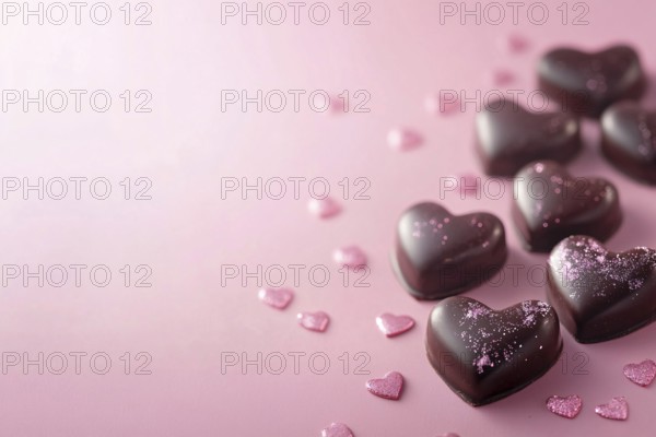 Romantic heart shaped chocolate pralines on pink background. Generative Ai, AI generated