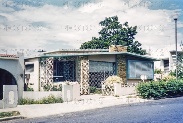 Wrought iron decoration security fence on modern house, San Juan, Puerto Rico 1961