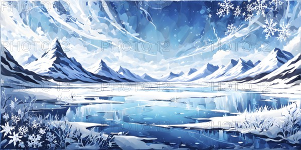 Abstract illustration of dreamy, icy landscape with swirling blues, whites, and silvers, evoking the feeling of a cold winter's breeze, AI generated