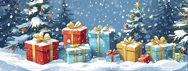 Abstract illustration of wrapped Christmas gifts, shiny ribbons and bows, stacked under a snow-dusted evergreen tree in a snowy outdoor setting, AI generated