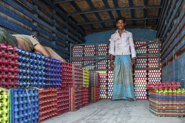 Man, egg seller, lorry with egg cartons, Rameswaram or Rameshwaram, Pamban Island, Tamil Nadu, India, Asia