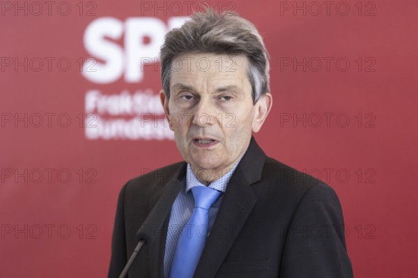 Rolf Mützenich, SPD parliamentary group leader, recorded as part of a press statement in front of the parliamentary group meeting of the SPD parliamentary group in the German Bundestag in Berlin, 9 April 2024