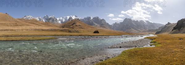 Mountain landscape with yellow meadows, Kol Suu River and mountain peaks with glaciers, Keltan Mountains, Sary Beles Mountains, Tien Shan, Naryn Province, Kyrgyzstan, Asia