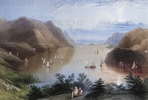 View of the Hudson River from West Point USA, From a nineteenth-century engraving by R. Wallis after W. H. Bartlett, Historic, digitally restored reproduction from a nineteenth-century original, Record date not stated