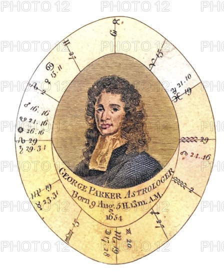 George Parker (1651-1743) English almanac maker, astrologer and quack, Parker's natal chart or Nativity, Historical, digitally restored reproduction from a 19th century original, Record date not stated