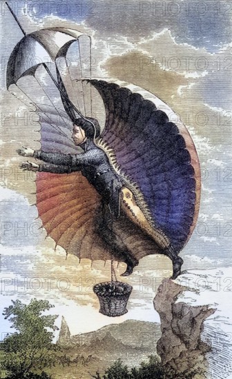 Der fliegende Mann Kupferstich nach Retif de la Bretonne, The Flying Man Engraving after Retif de la Bretonne From the book Wondeful Balloon Ascents or The Conquest of the Skies published c 1870, Historic, digitally restored reproduction from a 19th century original, Record date not stated