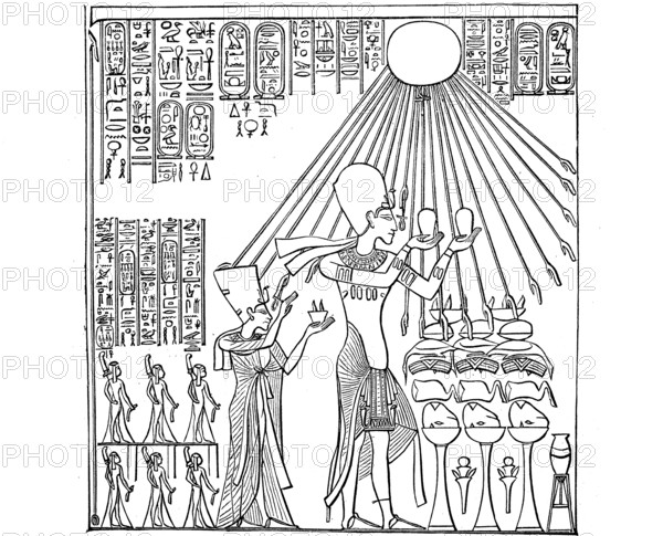 Akhenaten, Amenophis IV, Amenhotep IV, Achenaten, an ancient Egyptian king, pharaoh of the 18th dynasty, here at a sacrifice to the sun, historical, digital reproduction of an original from the 19th century