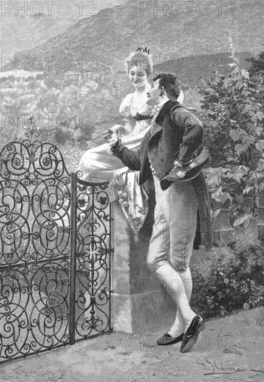 Man and woman flirting at a garden gate in summer, Historic, digitally restored reproduction from a 19th century original, c. 1890, Record date not stated