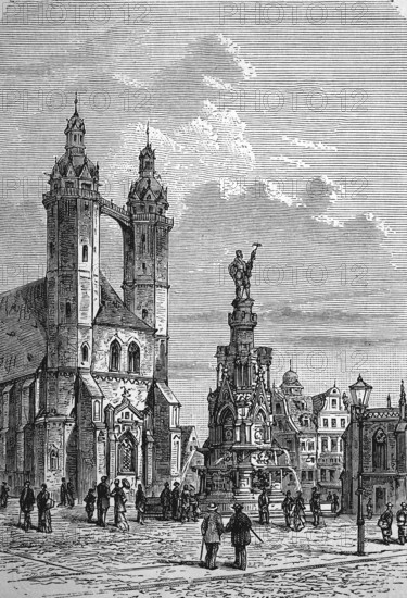 The war memorial and St Mary's Church in Halle, Saxony-Anhalt, Germany, in 1880, Historical, digital reproduction of an original from the 19th century, Europe