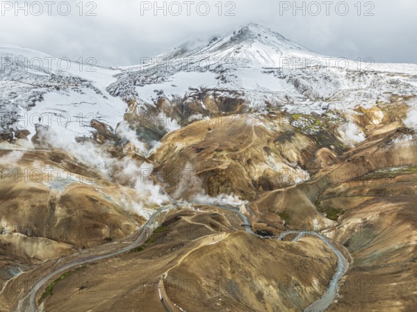 Steaming hot springs and colourful rhyolite mountains, aerial view, Hveradalir geothermal area, Kerlingarfjöll, Icelandic highlands, Iceland, Europe