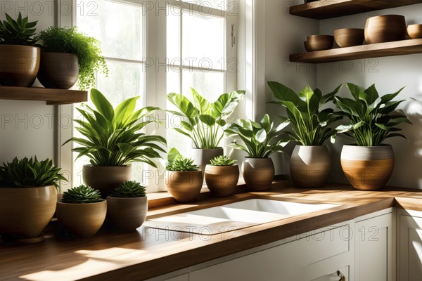 A sunlit kitchen corner, with a rustic wooden shelf holding neatly arranged ceramic bowls and a single, vibrant green houseplant, AI generated