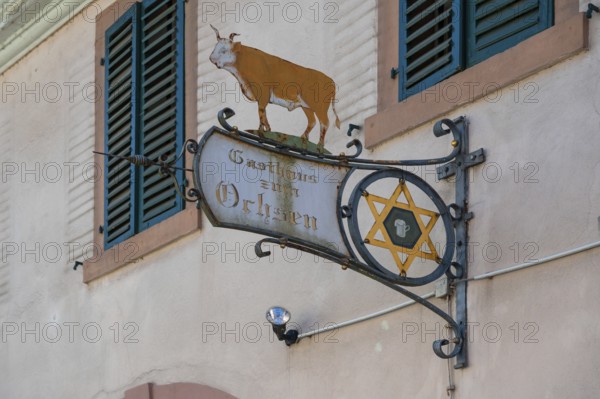 Nose sign with ox figure at the Gasthaus zum Ochsen, Hauptstraße 51, Riegel am Kaiserstuhl, Baden-Württemberg, Germany, Europe