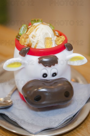 Ice cream in a cute cow cup with pieces of fruit, served on a table, autumn creations, Cafe Kuh, Deckenpfronn, Black Forest, Germany, Europe