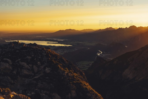 View from the Aggenstein to the Forggensee and the Ammergebirge at sunrise, Bavaria, Germany, Europe