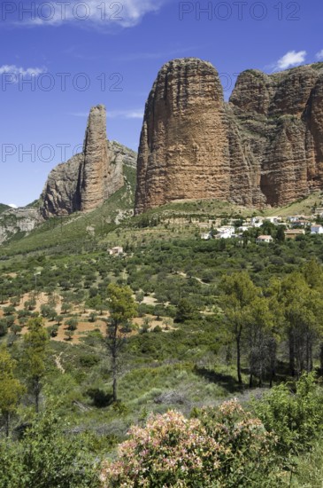 The Mallos de Riglos, set of conglomerate rock formations in Hoya de Huesca comarca, Aragon, Spain, Europe