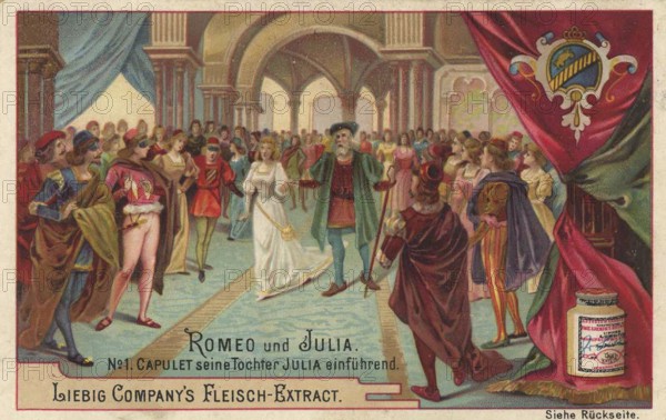 Picture series Romeo and Juliet, 1, Capulet abducting his daughter Juliet, Liebig picture, digitally restored reproduction of a collector's picture from ca 1900, public domain, exact date unknown, a ballroom scene from Romeo and Juliet with dancing noblemen