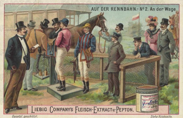 Picture series At the racecourse, An der Waage, Liebig picture, digitally restored reproduction of a collector's picture from around 1900, public domain, exact date unknown, men in elegant clothes watching jockeys and horse on a betting platform